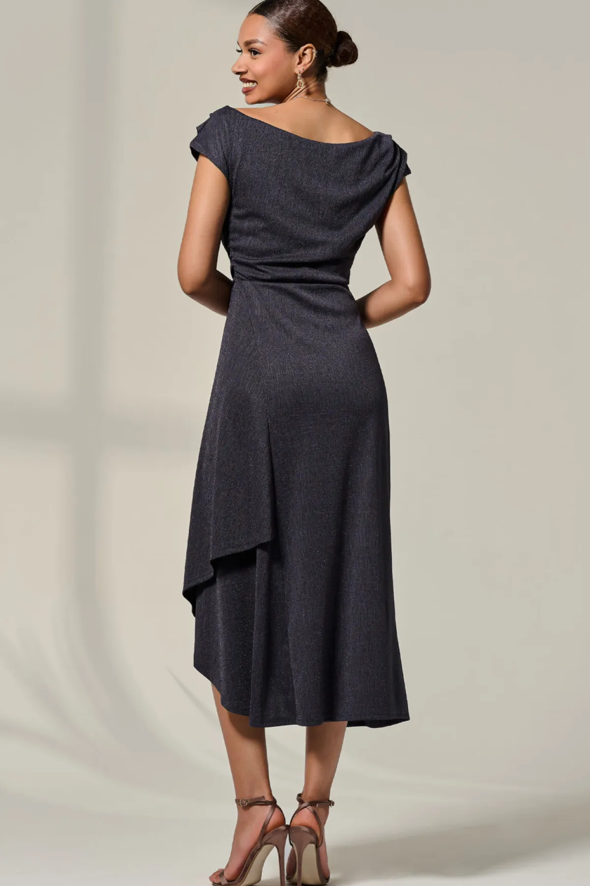 Jolie Moi Occasion Dresses|Sleeveless Dresses-Asymmmetric Draped Midi Dress, Dark Grey