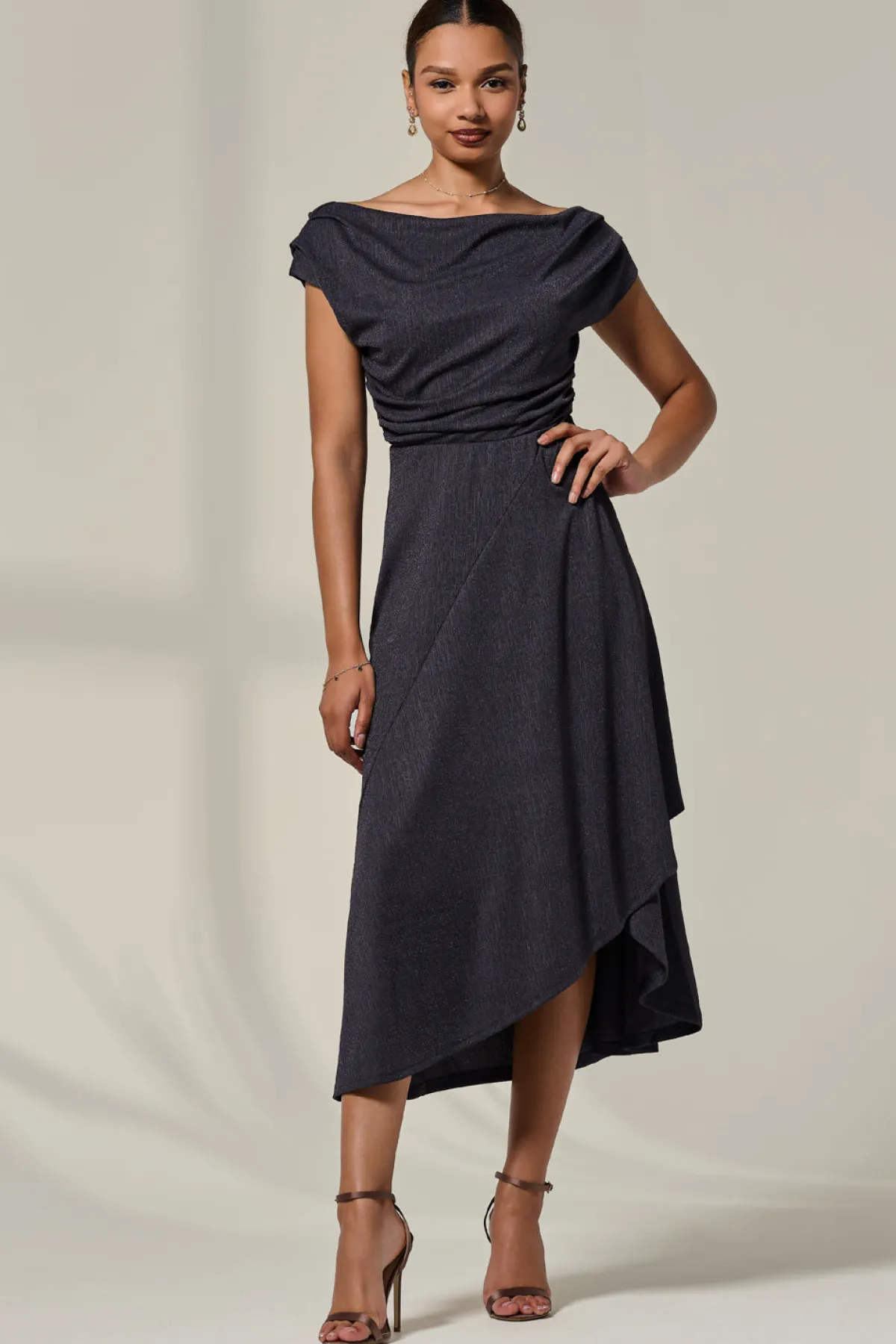 Jolie Moi Occasion Dresses|Sleeveless Dresses-Asymmmetric Draped Midi Dress, Dark Grey