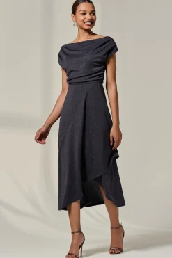 Jolie Moi Occasion Dresses|Sleeveless Dresses-Asymmmetric Draped Midi Dress, Dark Grey