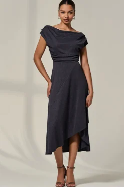 Jolie Moi Occasion Dresses|Sleeveless Dresses-Asymmmetric Draped Midi Dress, Dark Grey