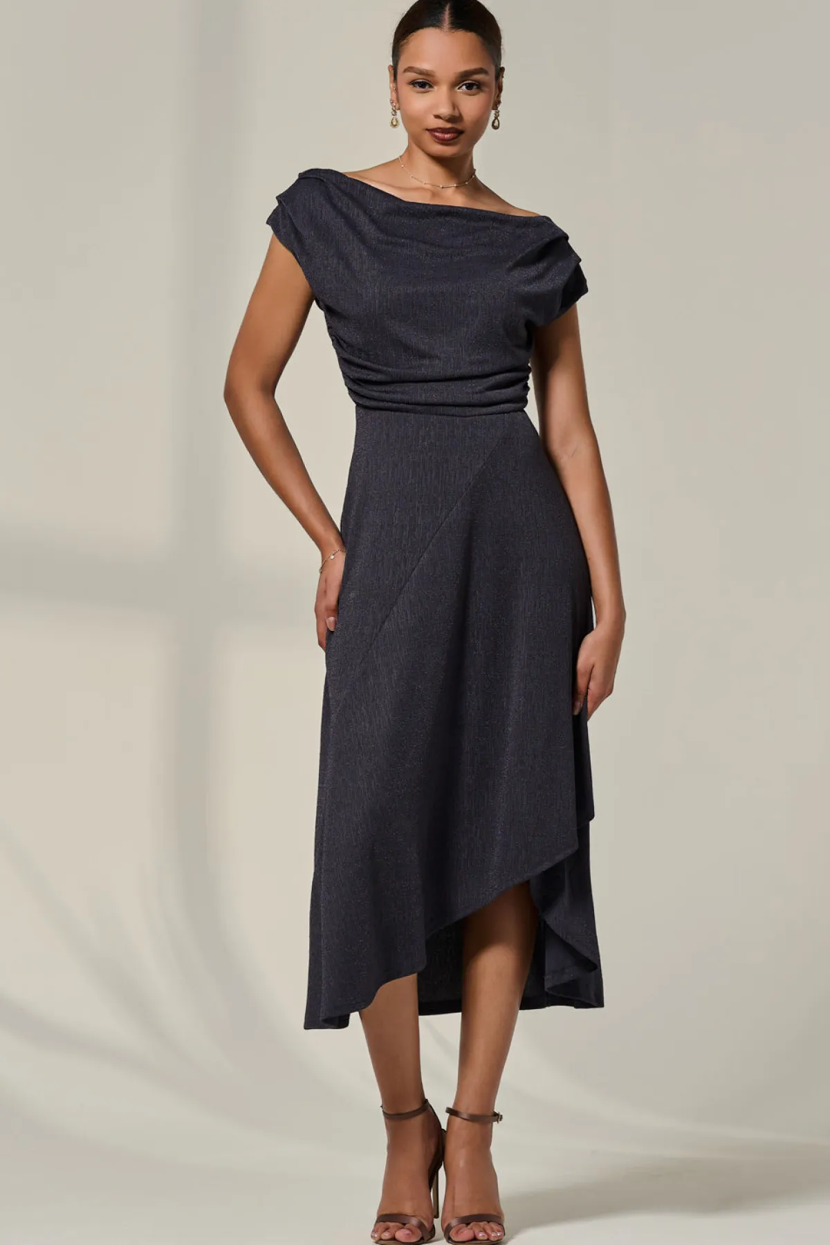 Jolie Moi Occasion Dresses|Sleeveless Dresses-Asymmmetric Draped Midi Dress, Dark Grey