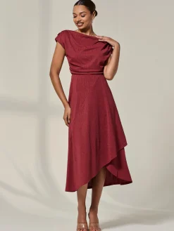 Jolie Moi Occasion Dresses|Sleeveless Dresses-Asymmmetric Draped Midi Dress, Terracotta
