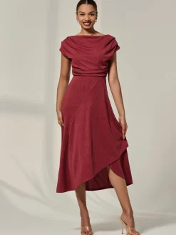 Jolie Moi Occasion Dresses|Sleeveless Dresses-Asymmmetric Draped Midi Dress, Terracotta