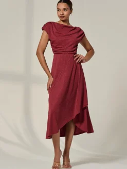 Jolie Moi Occasion Dresses|Sleeveless Dresses-Asymmmetric Draped Midi Dress, Terracotta