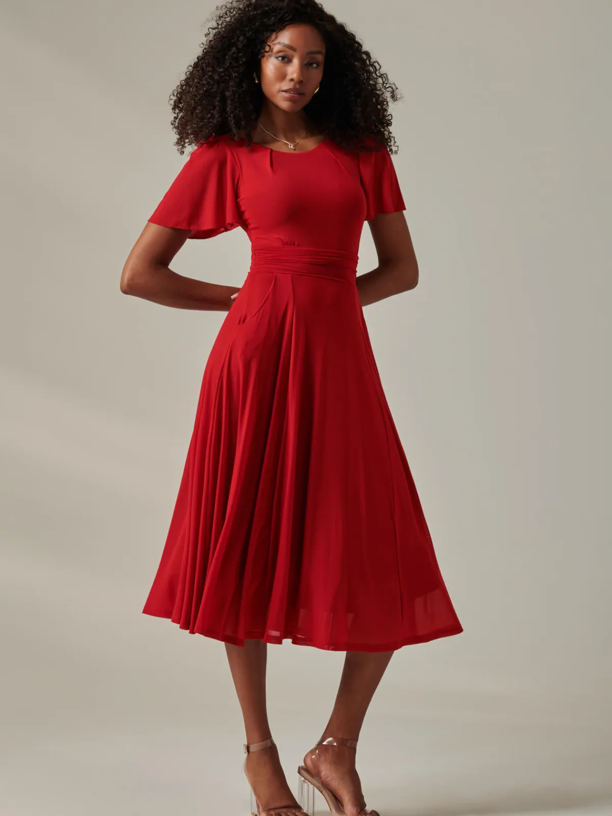 Jolie Moi Occasion Dresses|Race Day Dresses-Ayla Plain Mesh Maxi Dress, Red