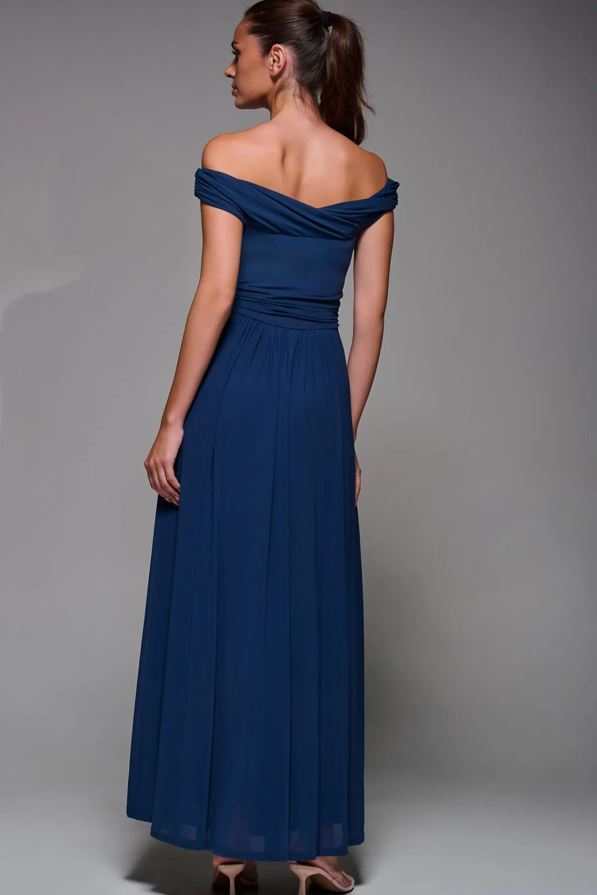 Jolie Moi Occasion Dresses|Mother Of The Bride-Bardot Neck Mesh Maxi Dress, Stormy Blue