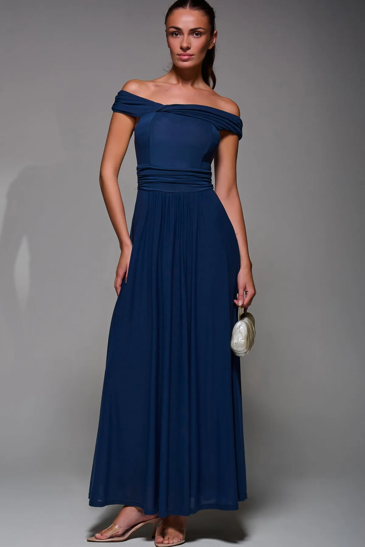 Jolie Moi Occasion Dresses|Mother Of The Bride-Bardot Neck Mesh Maxi Dress, Stormy Blue