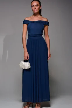 Jolie Moi Occasion Dresses|Mother Of The Bride-Bardot Neck Mesh Maxi Dress, Stormy Blue