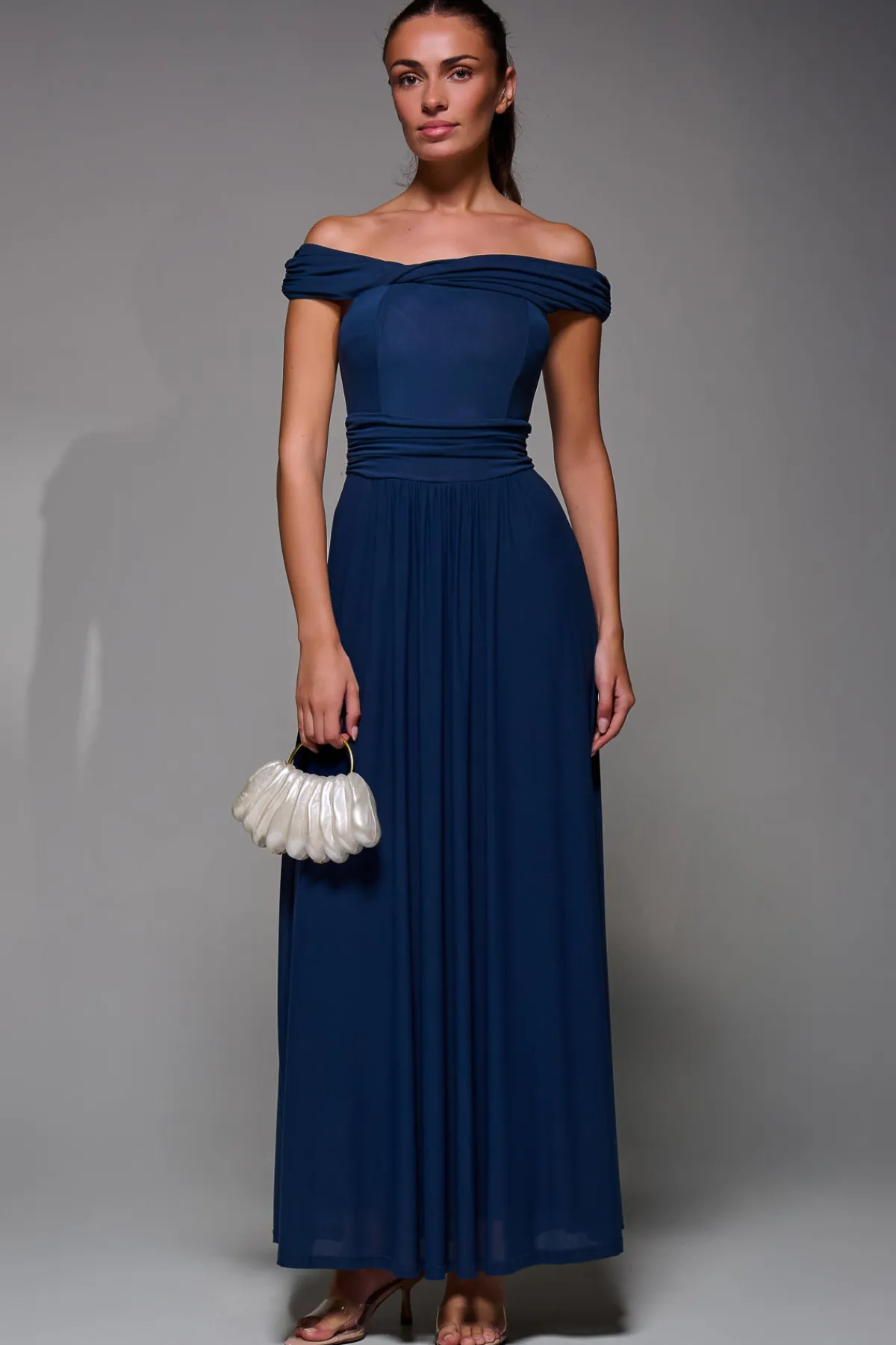 Jolie Moi Occasion Dresses|Mother Of The Bride-Bardot Neck Mesh Maxi Dress, Stormy Blue