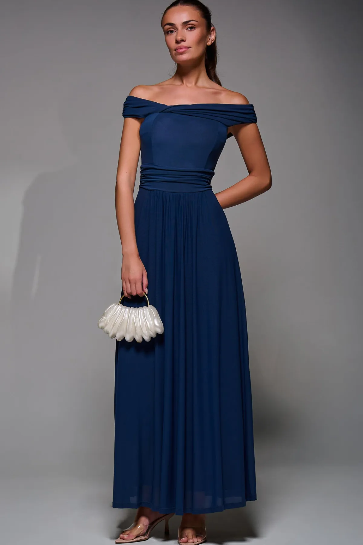 Jolie Moi Occasion Dresses|Mother Of The Bride-Bardot Neck Mesh Maxi Dress, Stormy Blue