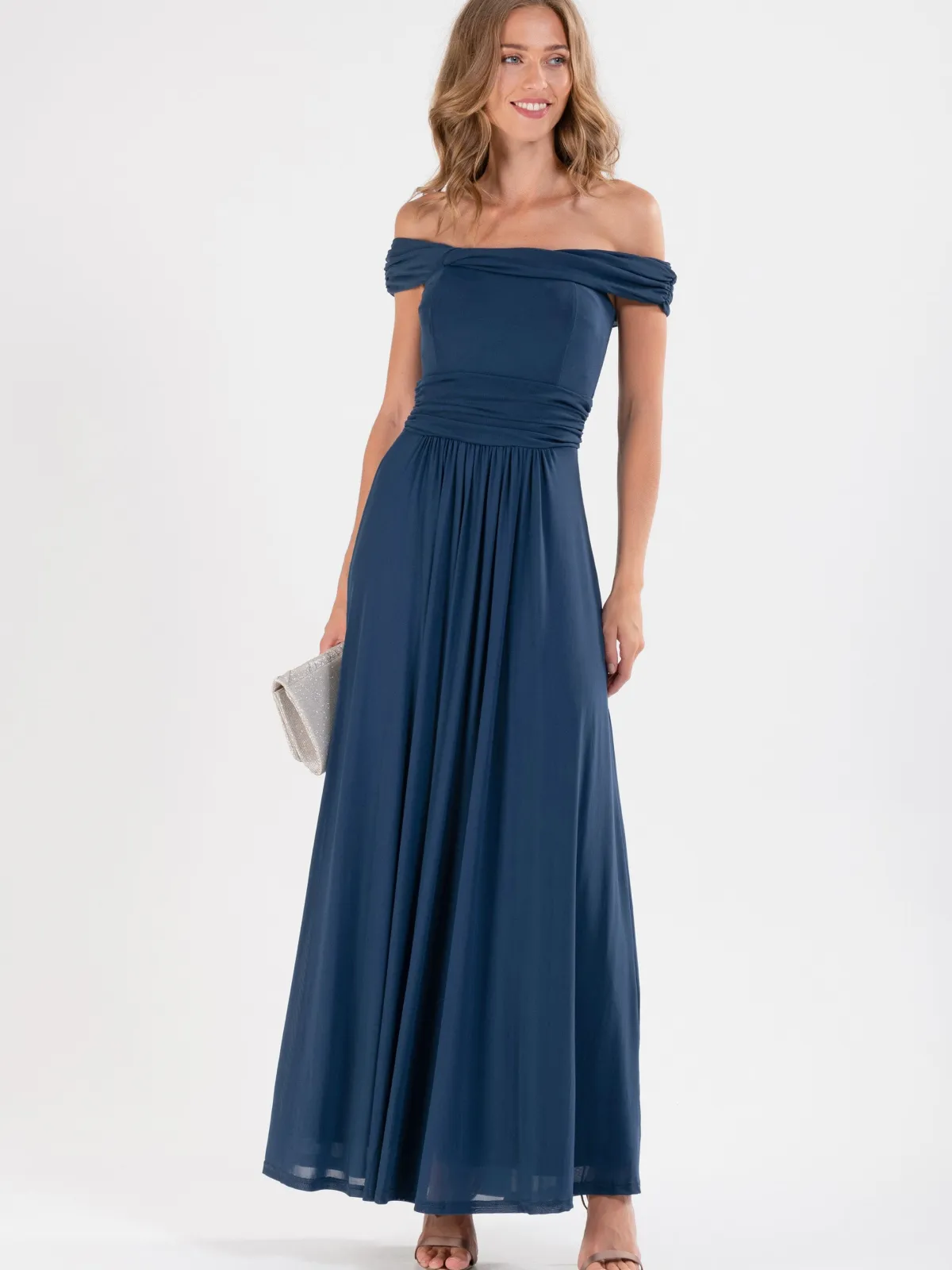 Jolie Moi Occasion Dresses|Mother Of The Bride-Bardot Neck Mesh Maxi Dress, Stormy Blue