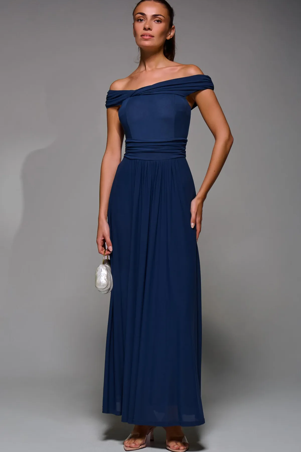 Jolie Moi Occasion Dresses|Mother Of The Bride-Bardot Neck Mesh Maxi Dress, Stormy Blue