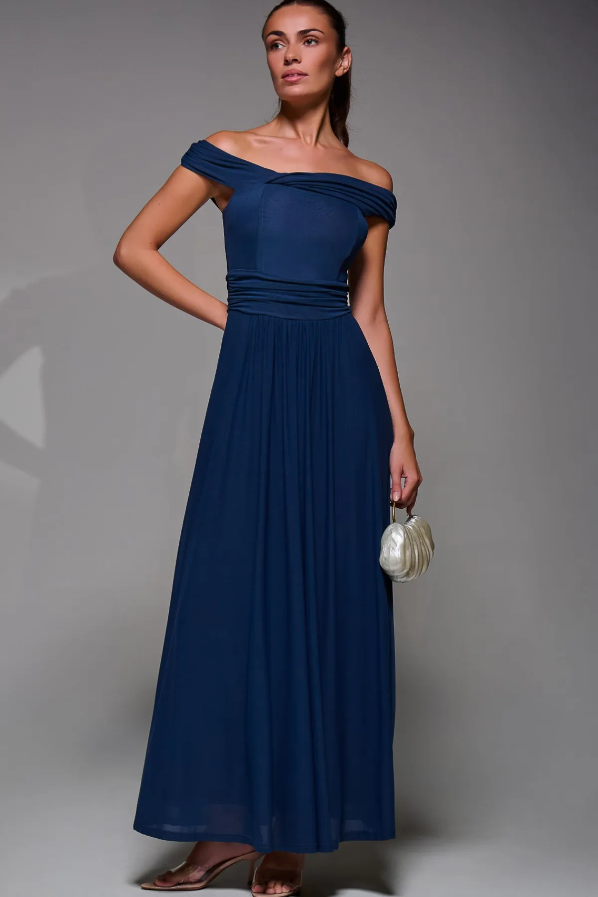 Jolie Moi Occasion Dresses|Mother Of The Bride-Bardot Neck Mesh Maxi Dress, Stormy Blue