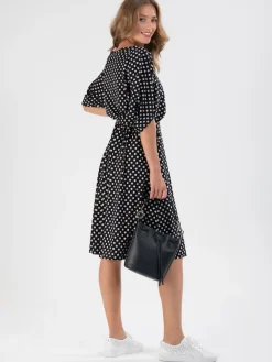 Jolie Moi Jersey Dresses-Batwing Spotty Jersey Dress, Navy Polka Dot