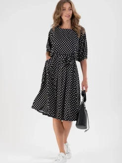 Jolie Moi Jersey Dresses-Batwing Spotty Jersey Dress, Navy Polka Dot