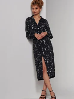 Jolie Moi Occasion Dresses|Shirt Dresses-Becca Long Sleeve Jersey Shirt Dress, Black Spot