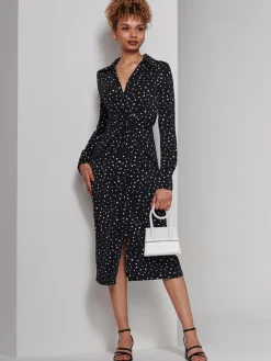 Jolie Moi Occasion Dresses|Shirt Dresses-Becca Long Sleeve Jersey Shirt Dress, Black Spot