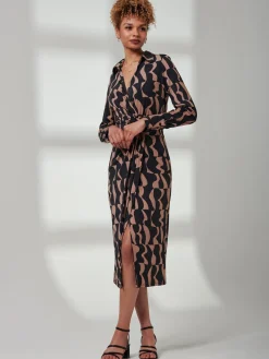Jolie Moi Occasion Dresses|Shirt Dresses-Becca Long Sleeve Jersey Shirt Dress, Brown Pattern