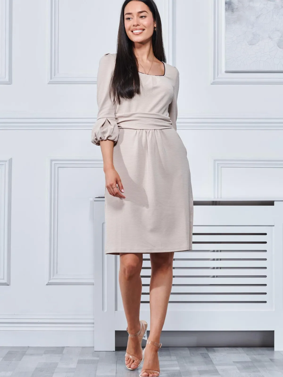 Jolie Moi Occasion Dresses|Jersey Dresses-Bell Sleeve Boat Neck Pencil Dress, Beige