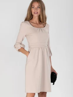 Jolie Moi Occasion Dresses|Jersey Dresses-Bell Sleeve Boat Neck Pencil Dress, Beige