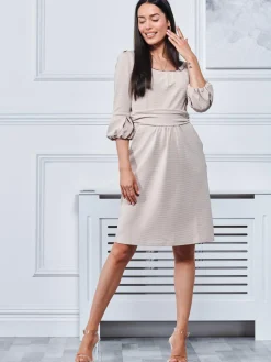 Jolie Moi Occasion Dresses|Jersey Dresses-Bell Sleeve Boat Neck Pencil Dress, Beige
