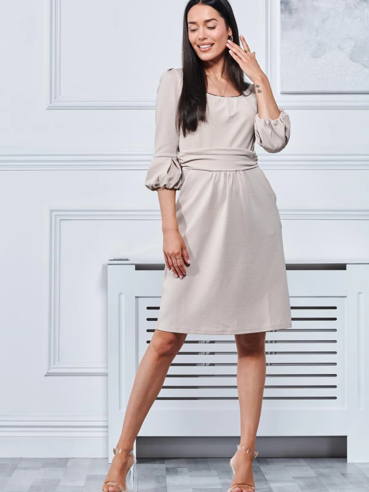 Jolie Moi Occasion Dresses|Jersey Dresses-Bell Sleeve Boat Neck Pencil Dress, Beige