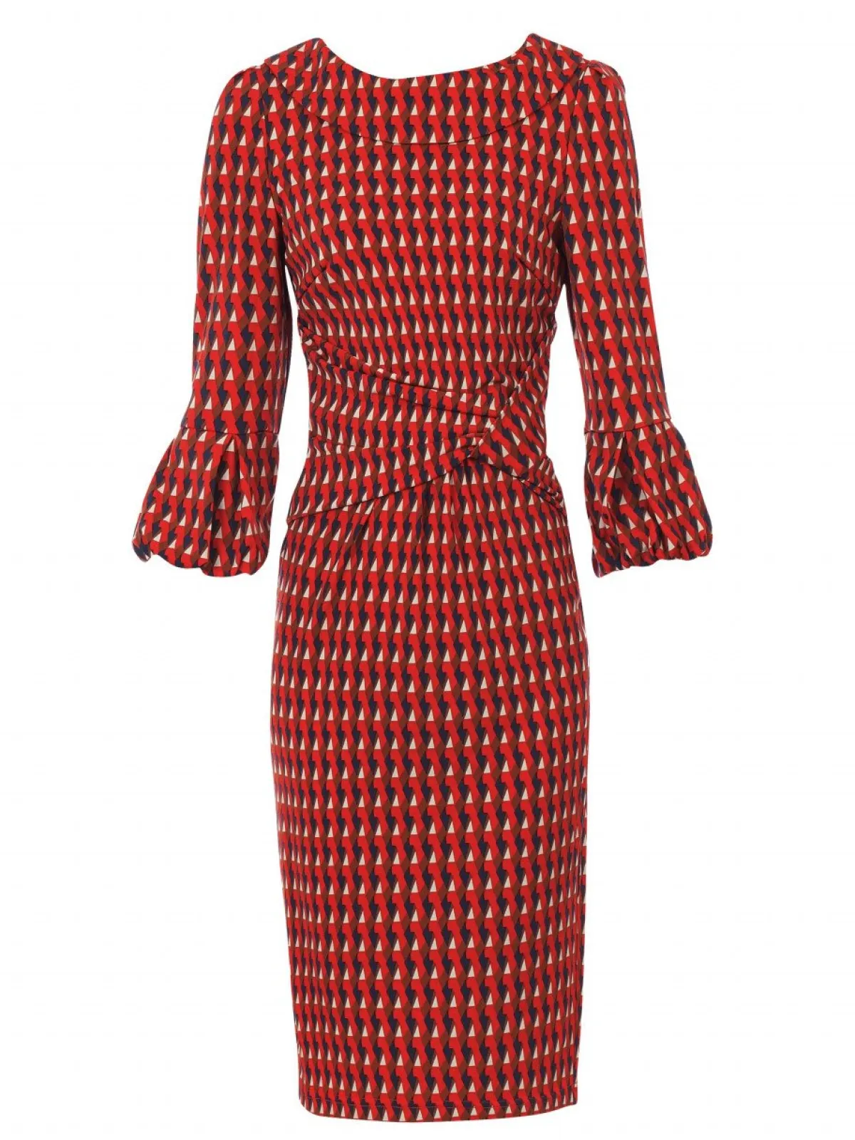 Jolie Moi Office Wear|Office Dresses-Bell Sleeve Fold Neck Jersey Dress, Red Geo