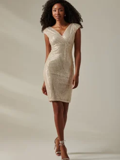 Jolie Moi Occasion Dresses|Sleeveless Dresses-Bennett Sequin Bodycon Midi Dress, Beige Silver