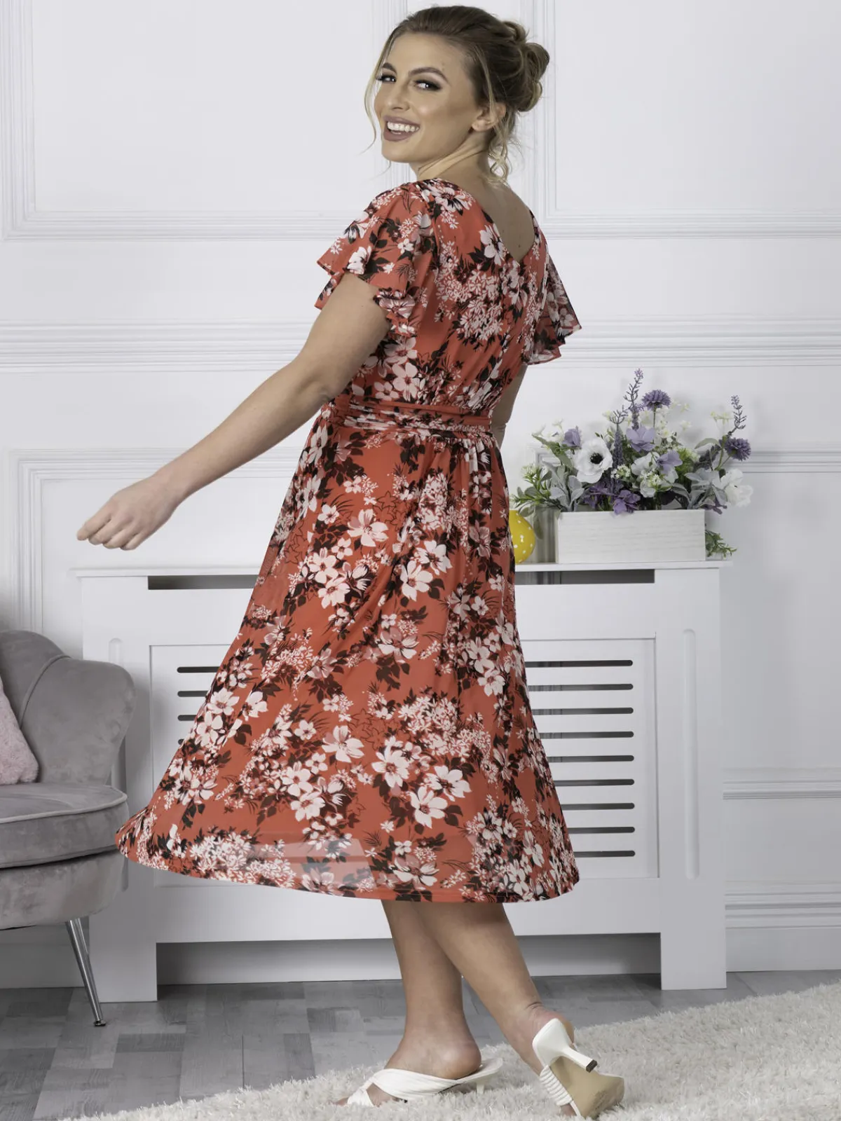 Jolie Moi Occasion Dresses|Floral Dresses-Bethany Mesh Midi Dress, Coral