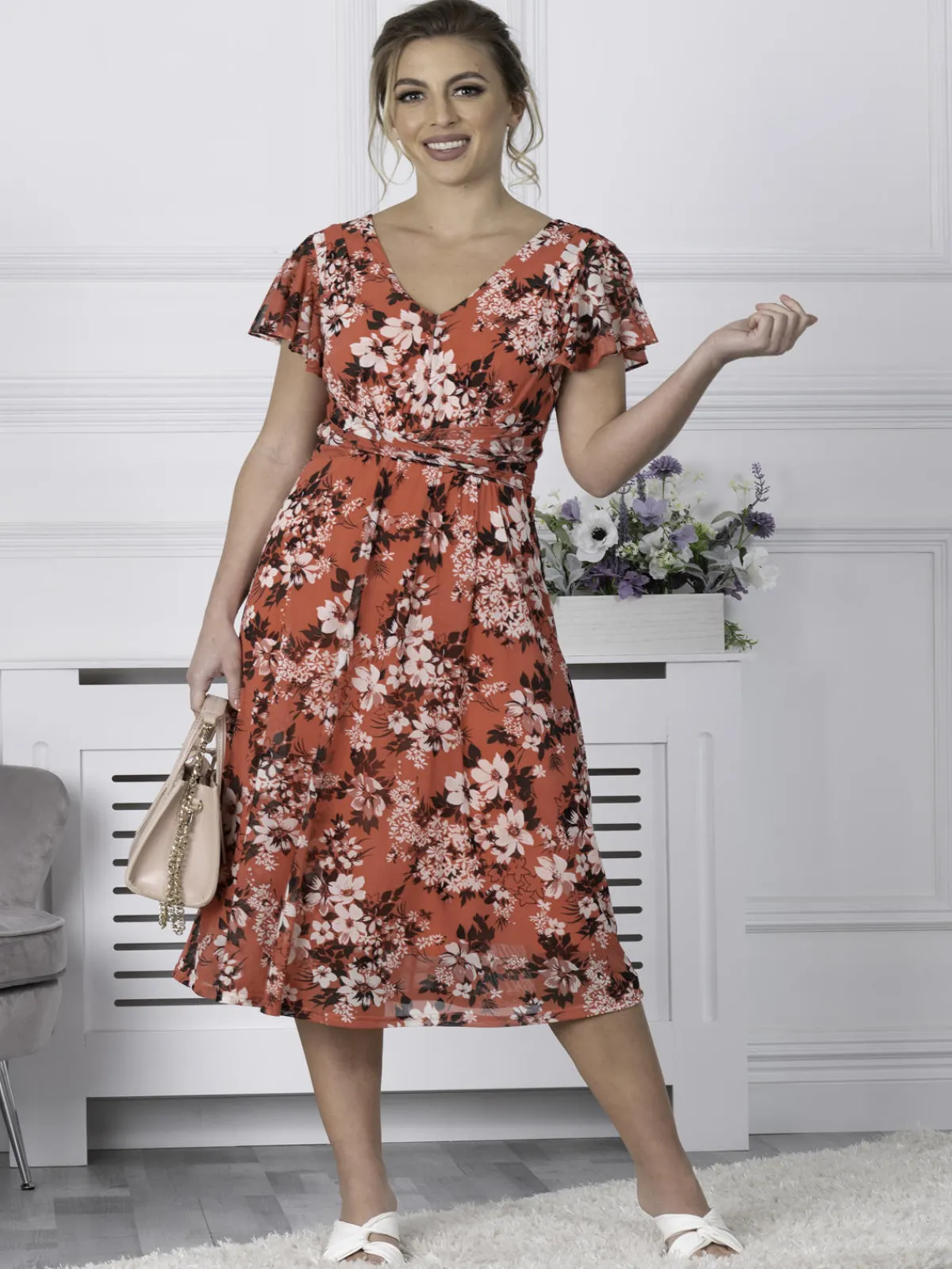 Jolie Moi Occasion Dresses|Floral Dresses-Bethany Mesh Midi Dress, Coral