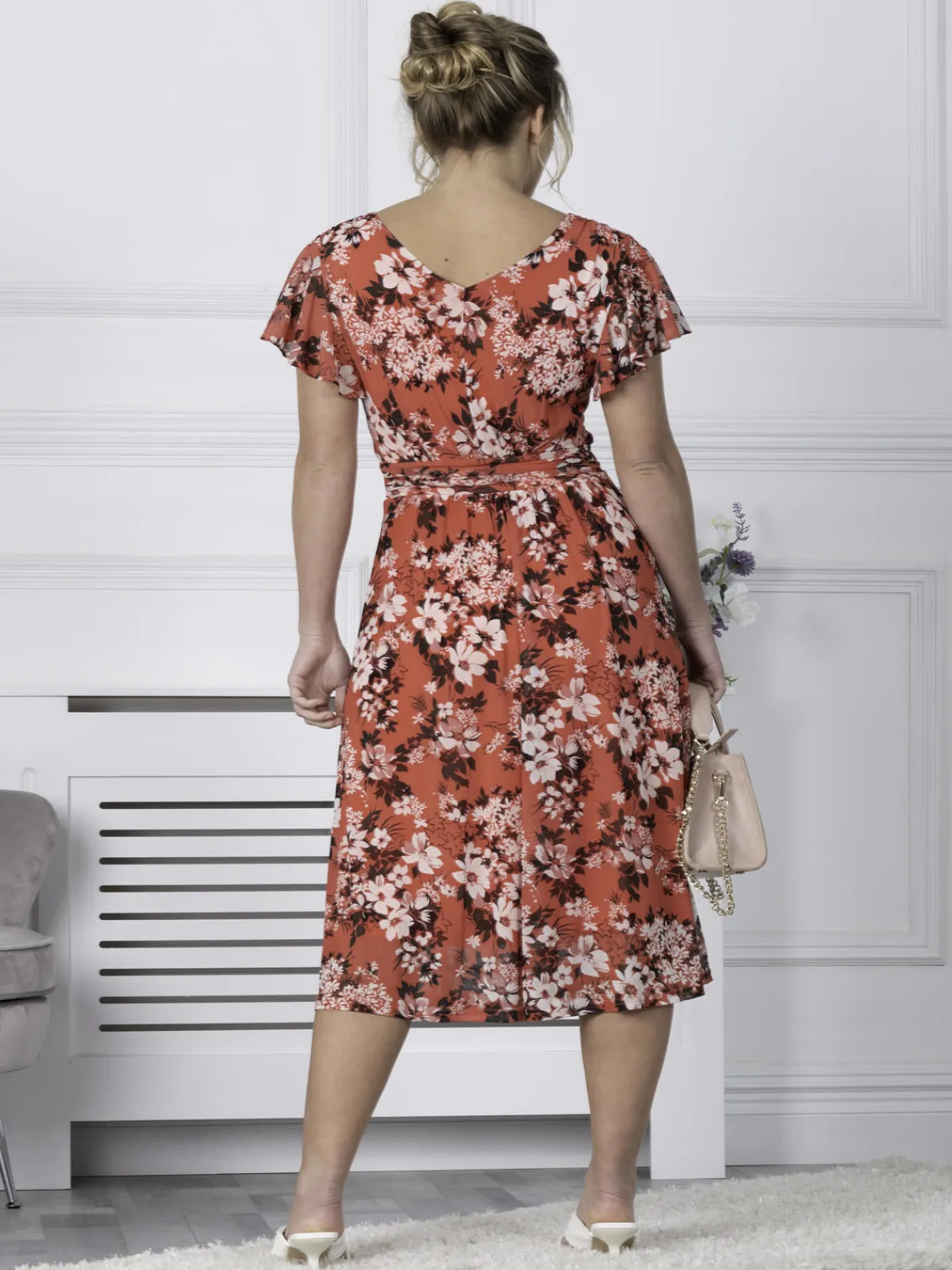 Jolie Moi Occasion Dresses|Floral Dresses-Bethany Mesh Midi Dress, Coral
