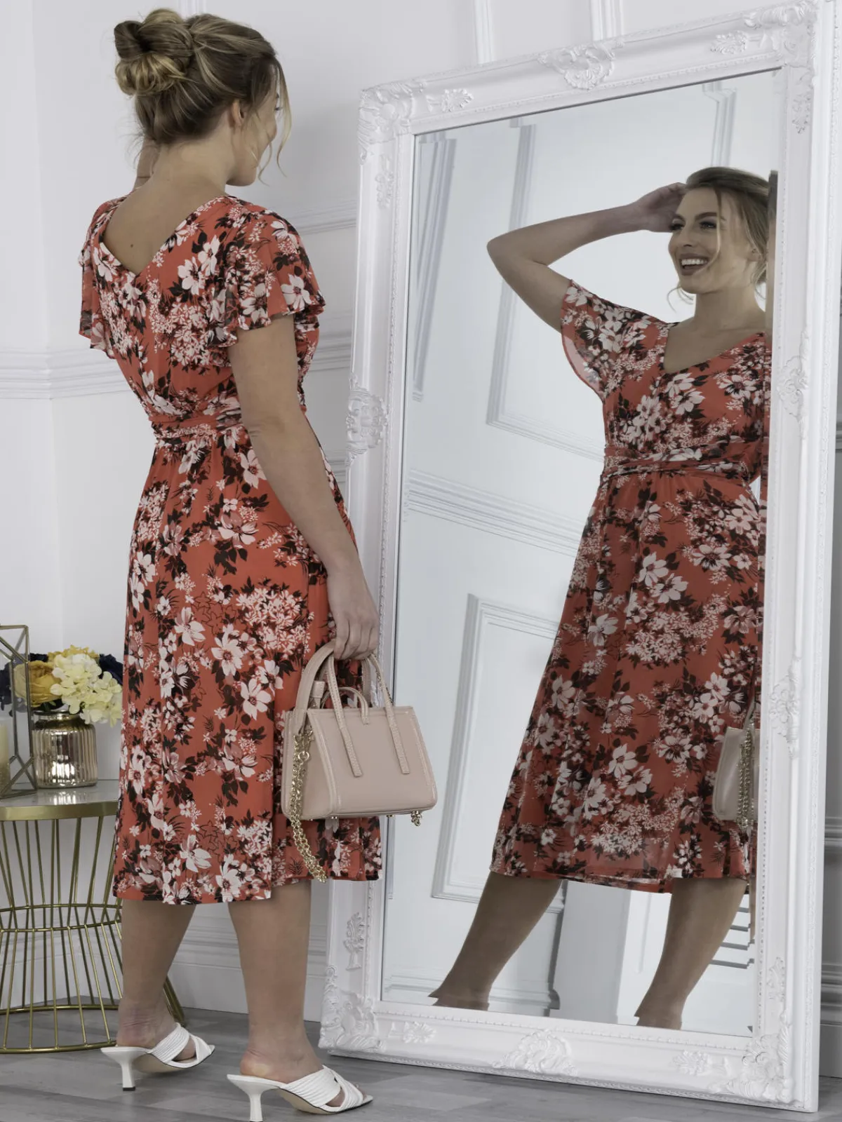 Jolie Moi Occasion Dresses|Floral Dresses-Bethany Mesh Midi Dress, Coral