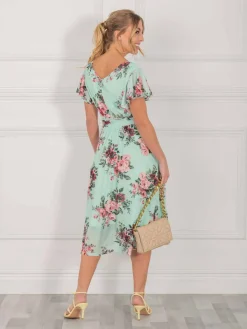 Jolie Moi Occasion Dresses|Mesh Dresses-Bethany Mesh Midi Dress, Green Floral