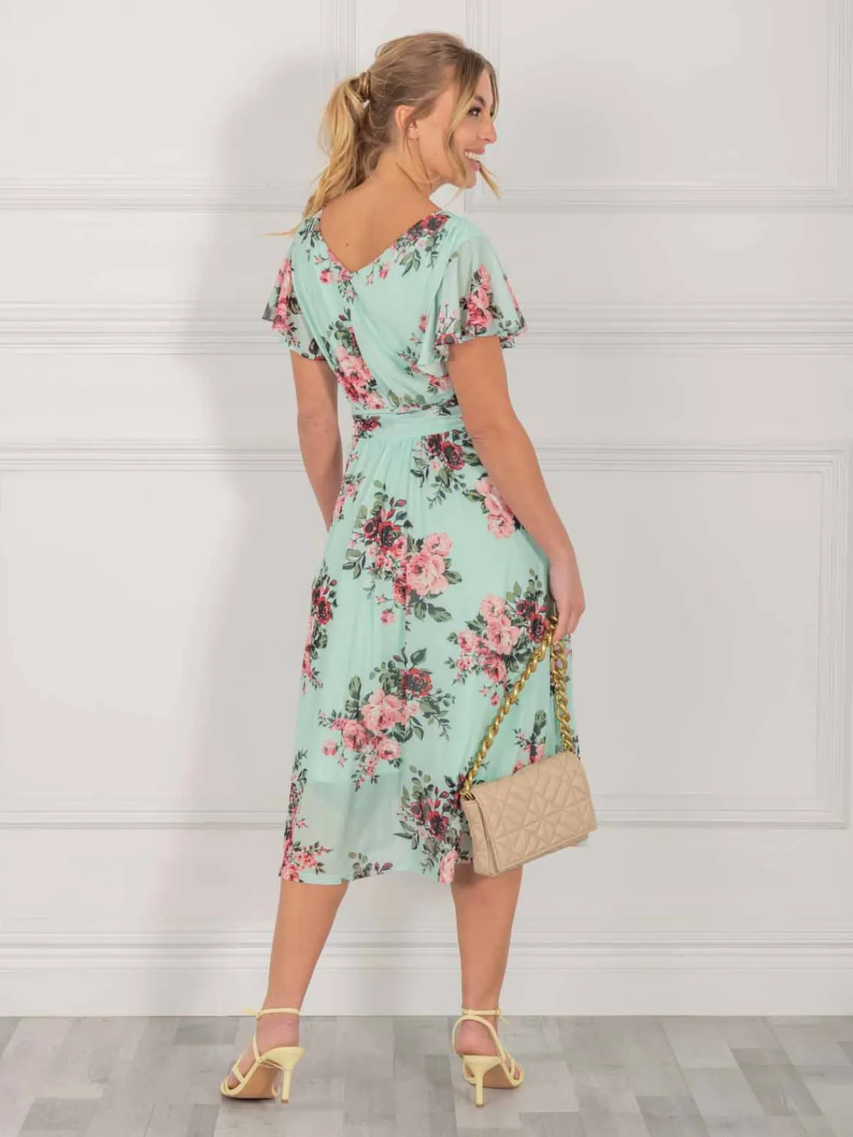 Jolie Moi Occasion Dresses|Mesh Dresses-Bethany Mesh Midi Dress, Green Floral