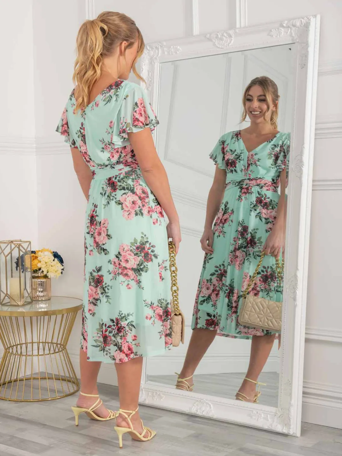 Jolie Moi Occasion Dresses|Mesh Dresses-Bethany Mesh Midi Dress, Green Floral