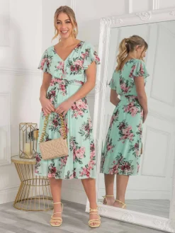 Jolie Moi Occasion Dresses|Mesh Dresses-Bethany Mesh Midi Dress, Green Floral