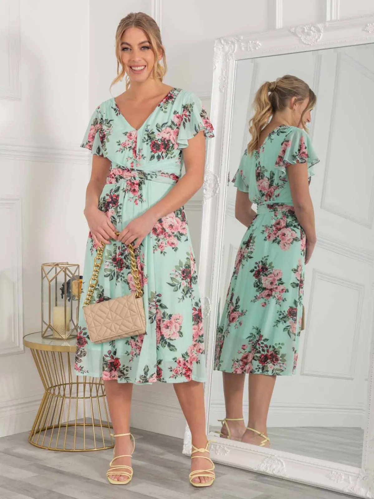 Jolie Moi Occasion Dresses|Mesh Dresses-Bethany Mesh Midi Dress, Green Floral