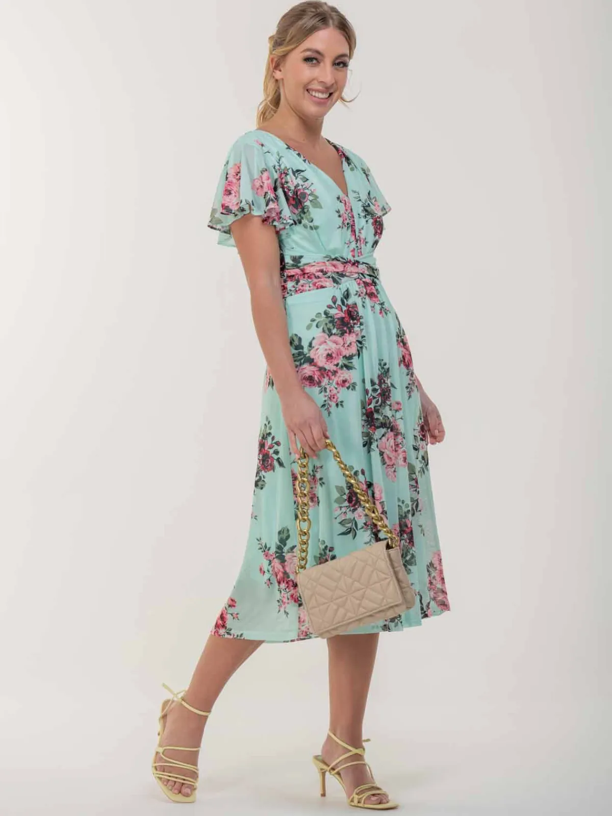 Jolie Moi Occasion Dresses|Mesh Dresses-Bethany Mesh Midi Dress, Green Floral