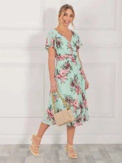 Jolie Moi Occasion Dresses|Mesh Dresses-Bethany Mesh Midi Dress, Green Floral