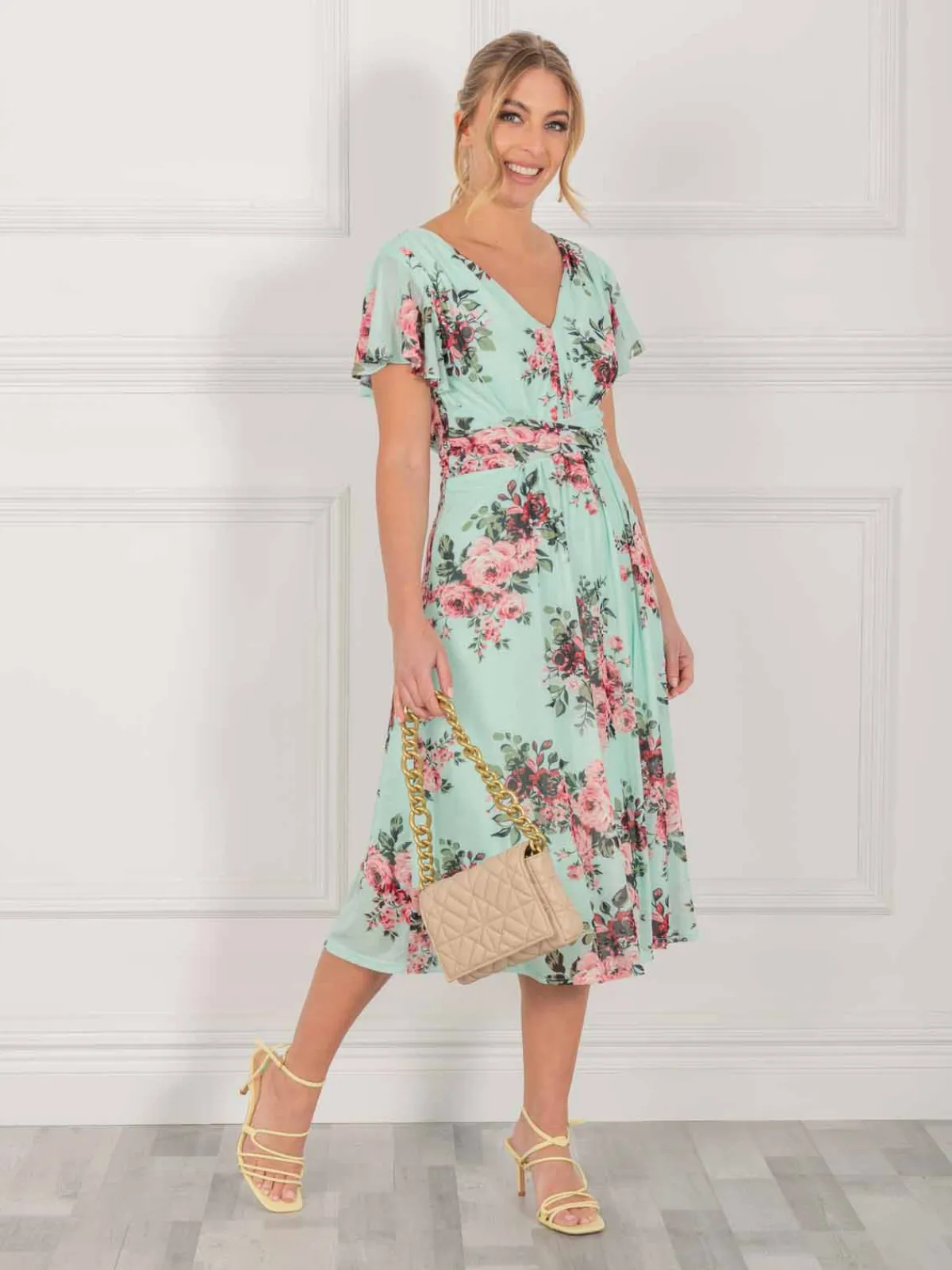Jolie Moi Occasion Dresses|Mesh Dresses-Bethany Mesh Midi Dress, Green Floral