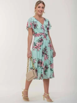 Jolie Moi Occasion Dresses|Mesh Dresses-Bethany Mesh Midi Dress, Green Floral