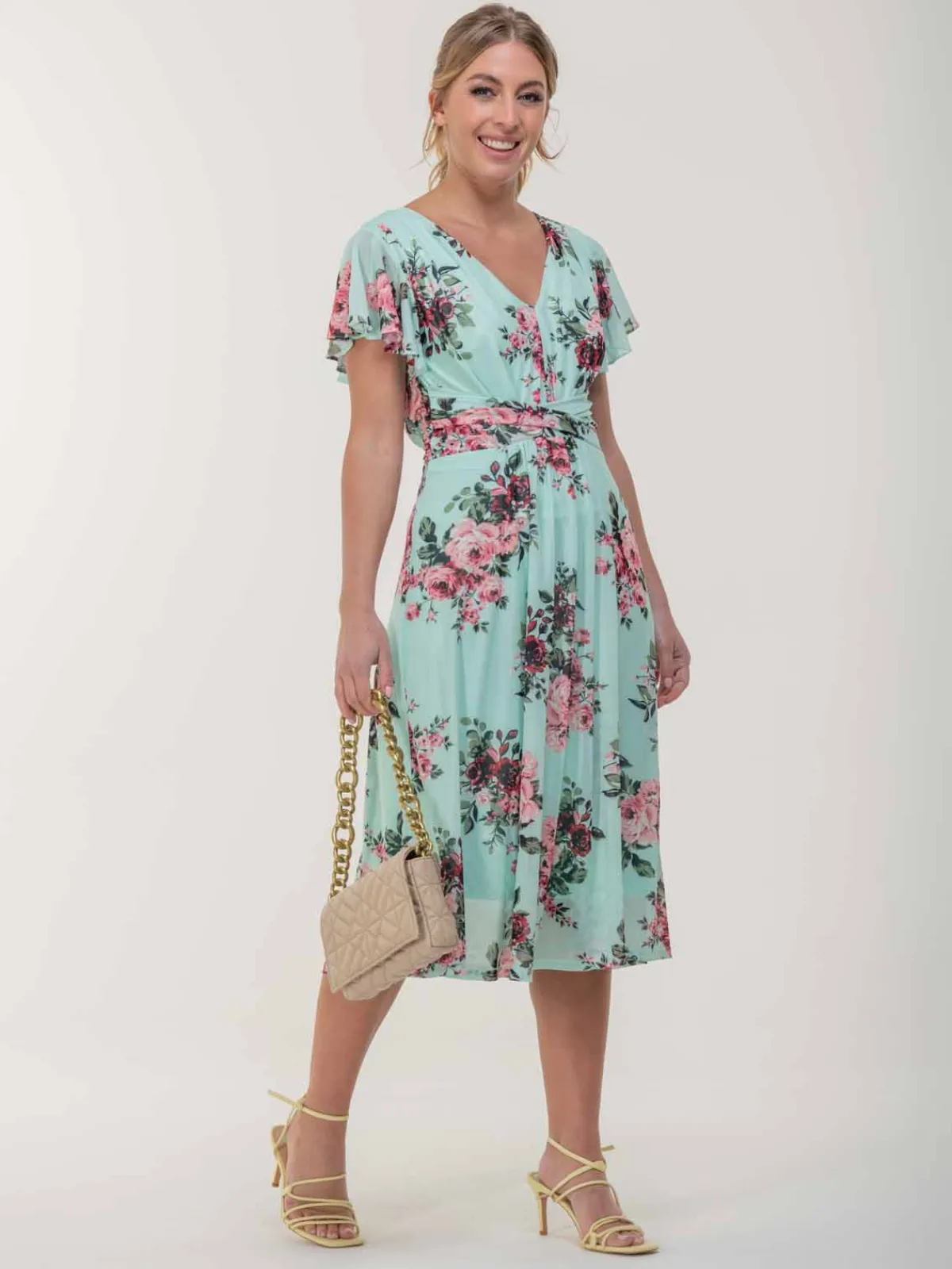 Jolie Moi Occasion Dresses|Mesh Dresses-Bethany Mesh Midi Dress, Green Floral