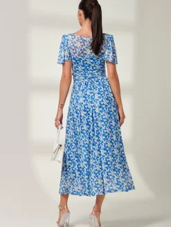Jolie Moi Occasion Dresses|Mesh Dresses-Bianca V-Neck Pleated Mesh Maxi Dress, Blue Floral