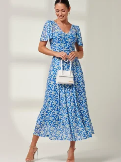 Jolie Moi Occasion Dresses|Mesh Dresses-Bianca V-Neck Pleated Mesh Maxi Dress, Blue Floral