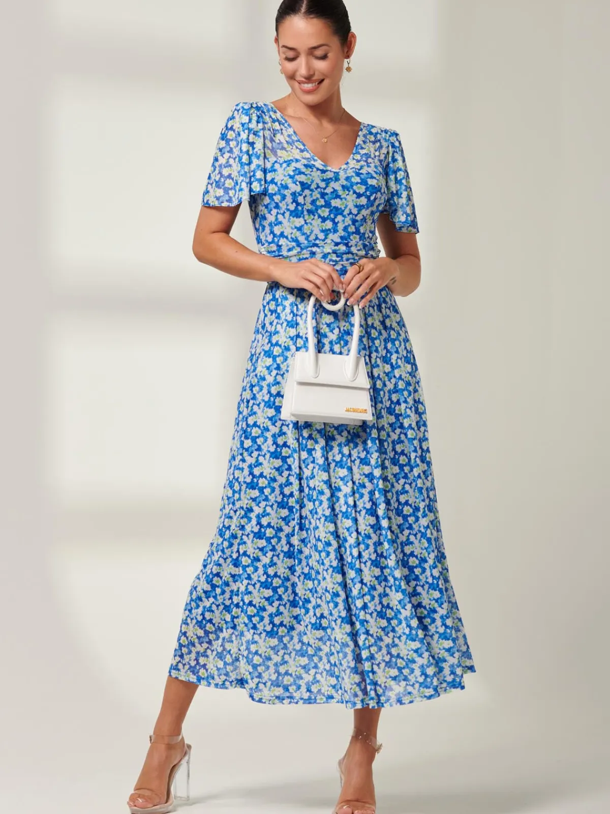 Jolie Moi Occasion Dresses|Mesh Dresses-Bianca V-Neck Pleated Mesh Maxi Dress, Blue Floral