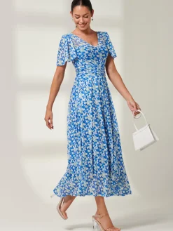 Jolie Moi Occasion Dresses|Mesh Dresses-Bianca V-Neck Pleated Mesh Maxi Dress, Blue Floral