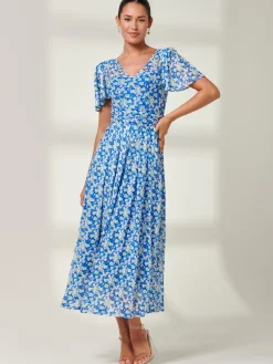 Jolie Moi Occasion Dresses|Mesh Dresses-Bianca V-Neck Pleated Mesh Maxi Dress, Blue Floral
