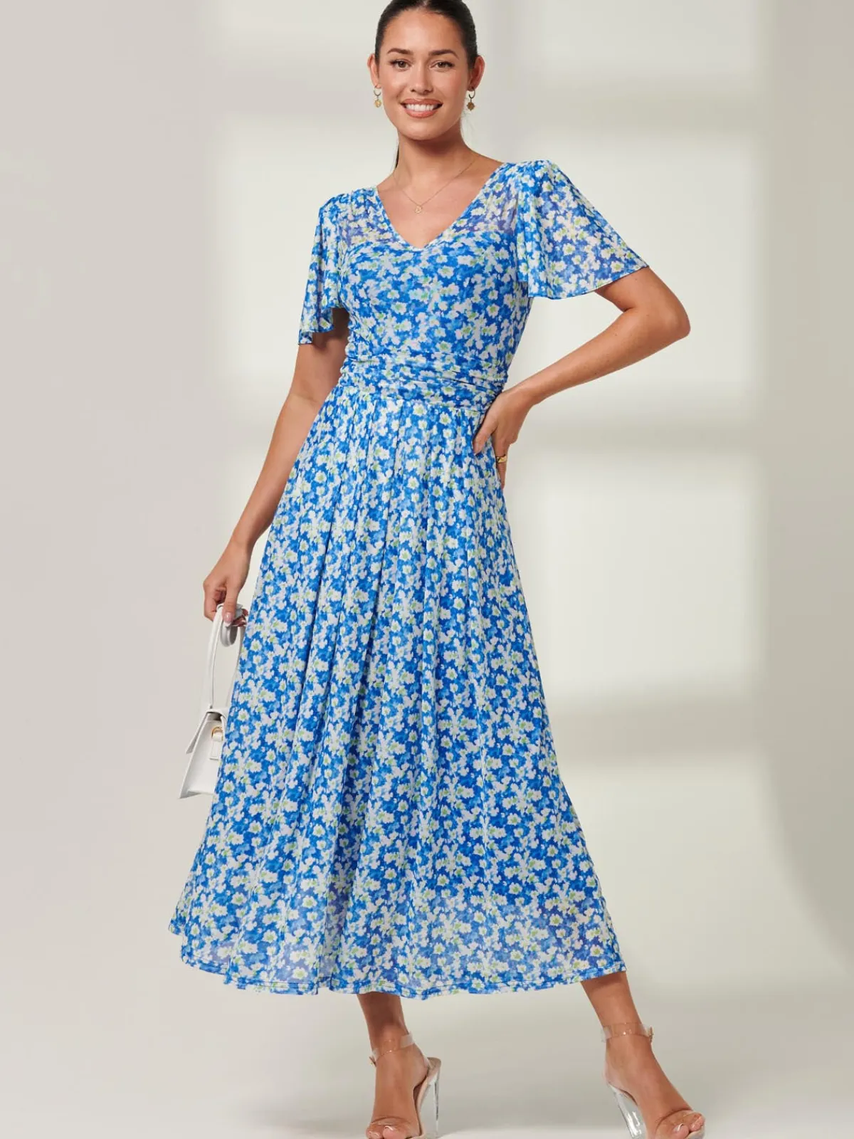 Jolie Moi Occasion Dresses|Mesh Dresses-Bianca V-Neck Pleated Mesh Maxi Dress, Blue Floral
