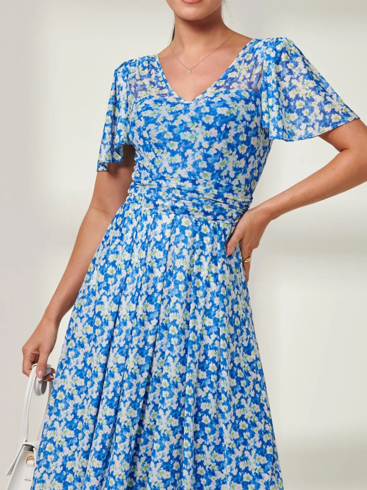 Jolie Moi Occasion Dresses|Mesh Dresses-Bianca V-Neck Pleated Mesh Maxi Dress, Blue Floral