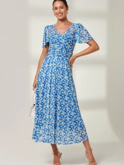 Jolie Moi Occasion Dresses|Mesh Dresses-Bianca V-Neck Pleated Mesh Maxi Dress, Blue Floral